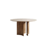 Modern Scandinavian Khaki Stone Round Wood Base Dining Table Image - 3