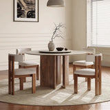 Modern Scandinavian Khaki Stone Round Wood Base Dining Table Image - 4
