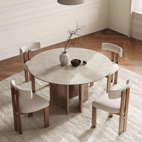 Modern Scandinavian Khaki Stone Round Wood Base Dining Table Image - 6