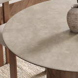 Modern Scandinavian Khaki Stone Round Wood Base Dining Table Image - 7