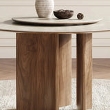 Modern Scandinavian Khaki Stone Round Wood Base Dining Table Image - 8