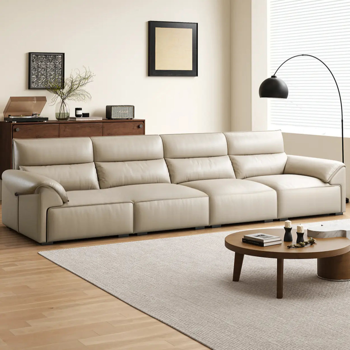 Modern Scratch Resistant Beige Genuine Leather Wide Seat Sofa Image - 6