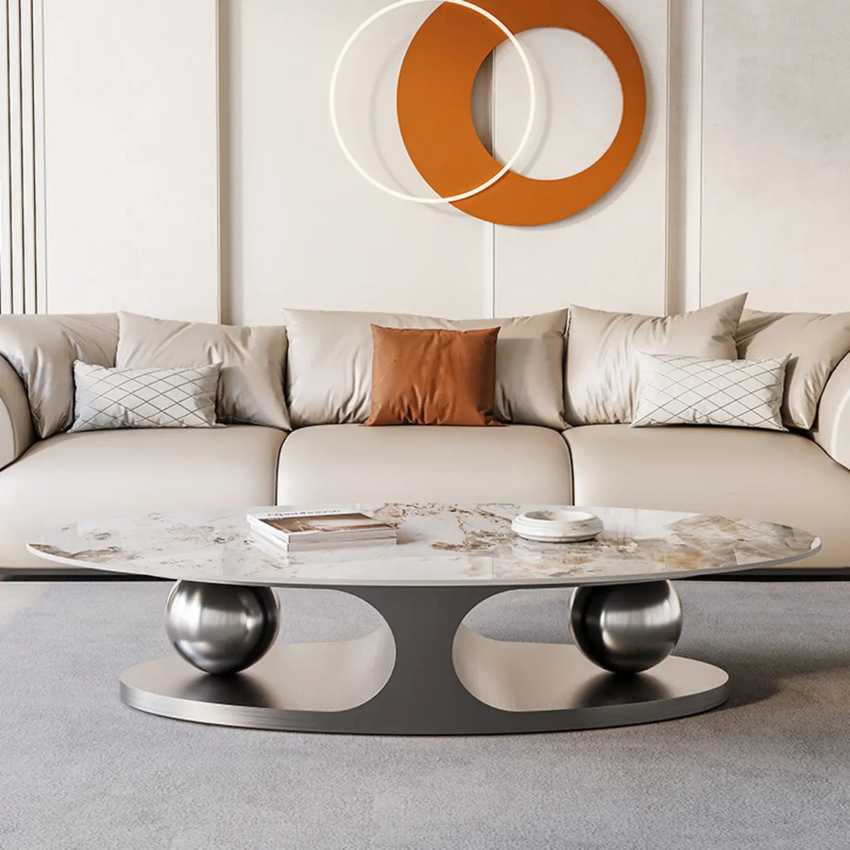 Modern Scratch Resistant Stone Oval Coffee Table Image - 1