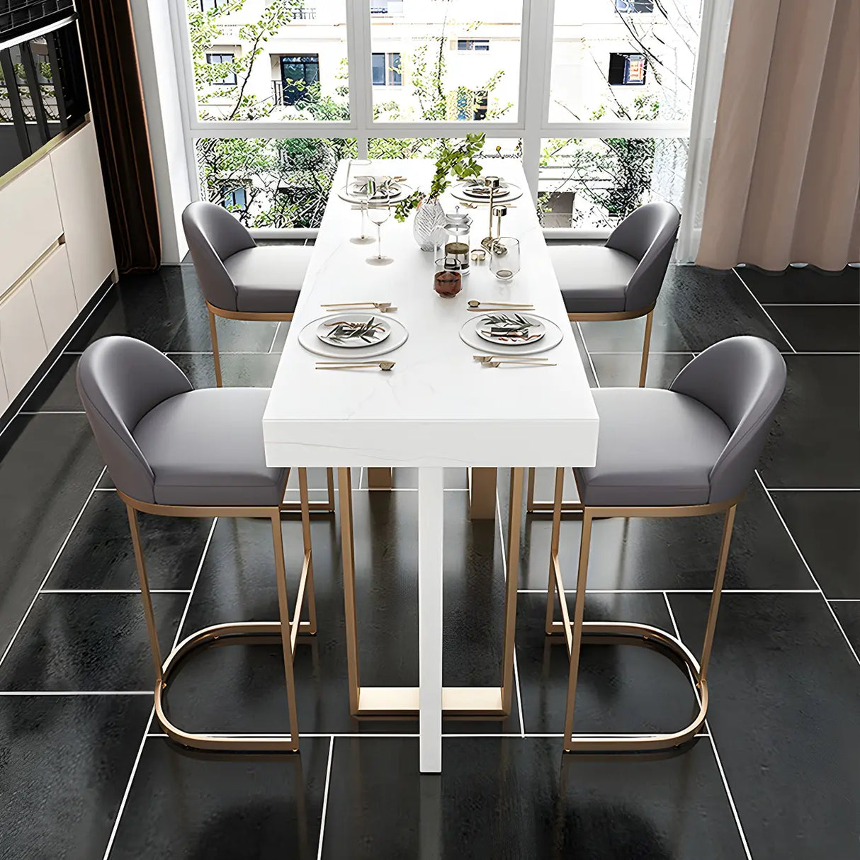 Modern Scratch Resistant White Marble Counter Height Bar Table Image - 2