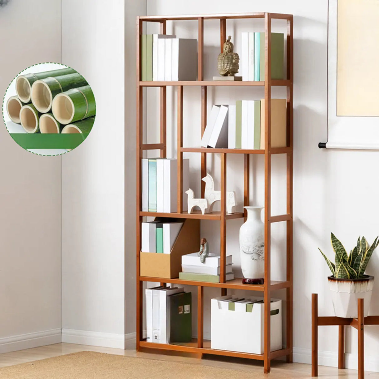 Modern Sepia Wood Vertical Rectangle Open Bookshelf Image - 3