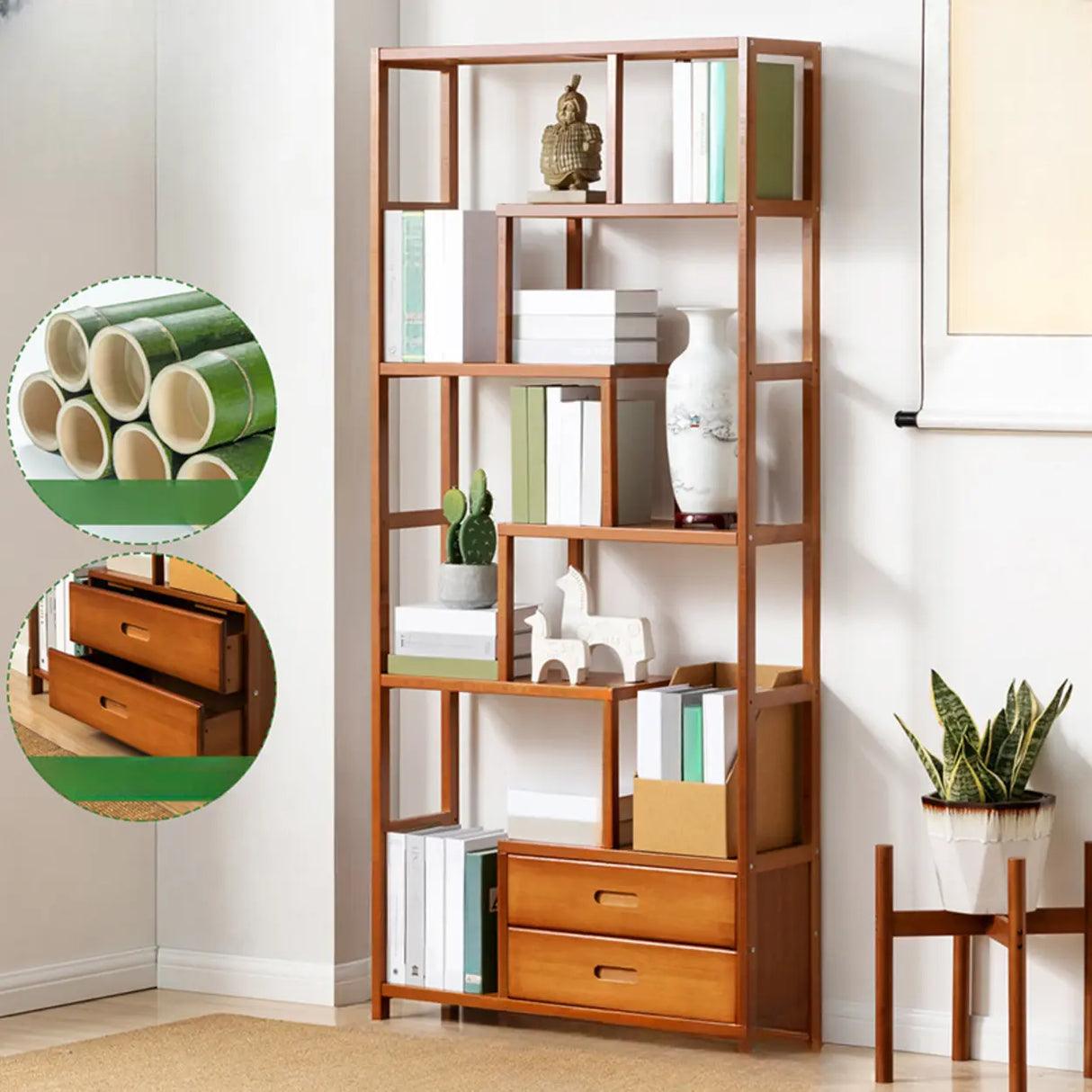 Modern Sepia Wood Vertical Rectangle Open Bookshelf Image - 5