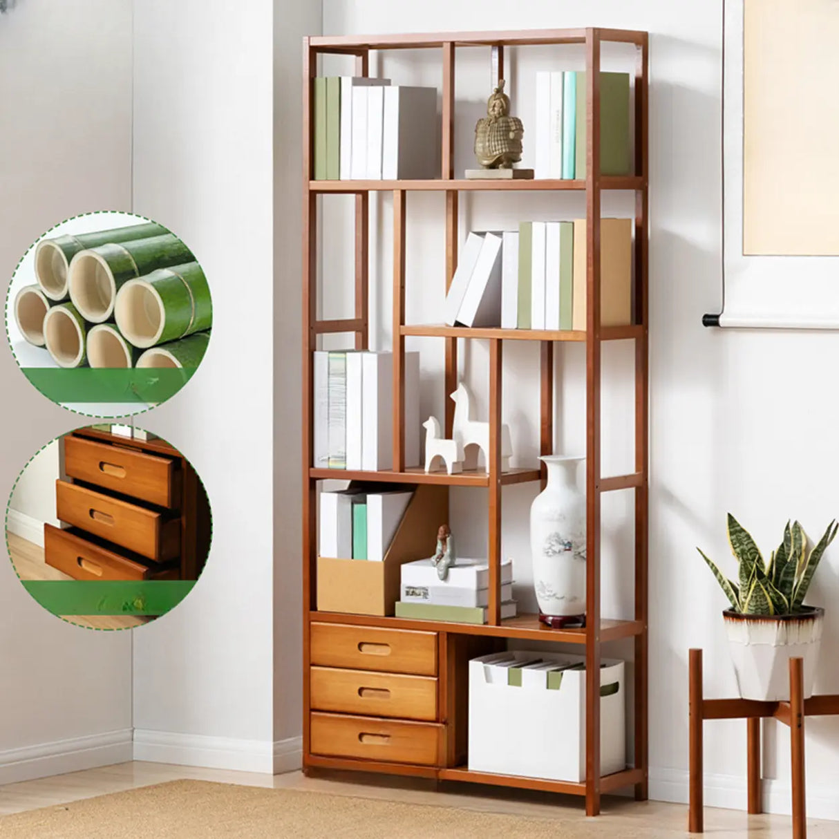 Modern Sepia Wood Vertical Rectangle Open Bookshelf Image - 6