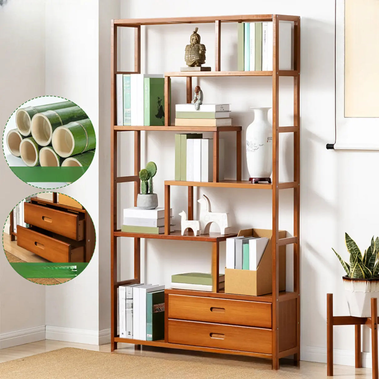 Modern Sepia Wood Vertical Rectangle Open Bookshelf Image - 7