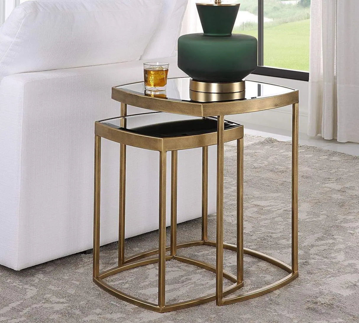 Modern Set of 2 Glass Top Gold Nesting Side Table Image - 1