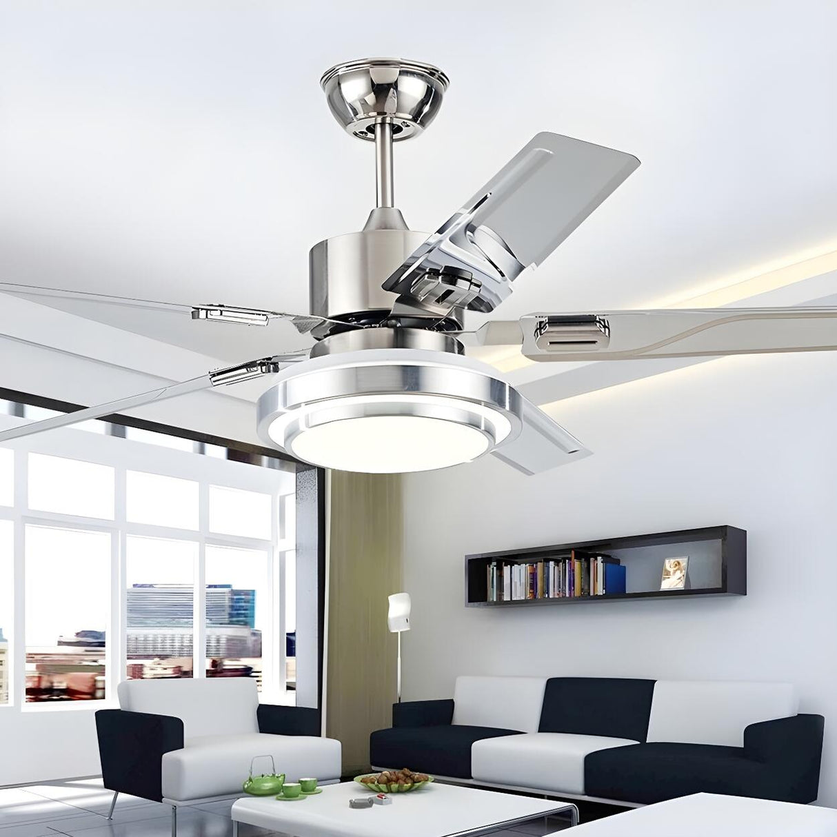 Modern Silver 5 Blade Windmill Ceiling Fan with Light Image - 9