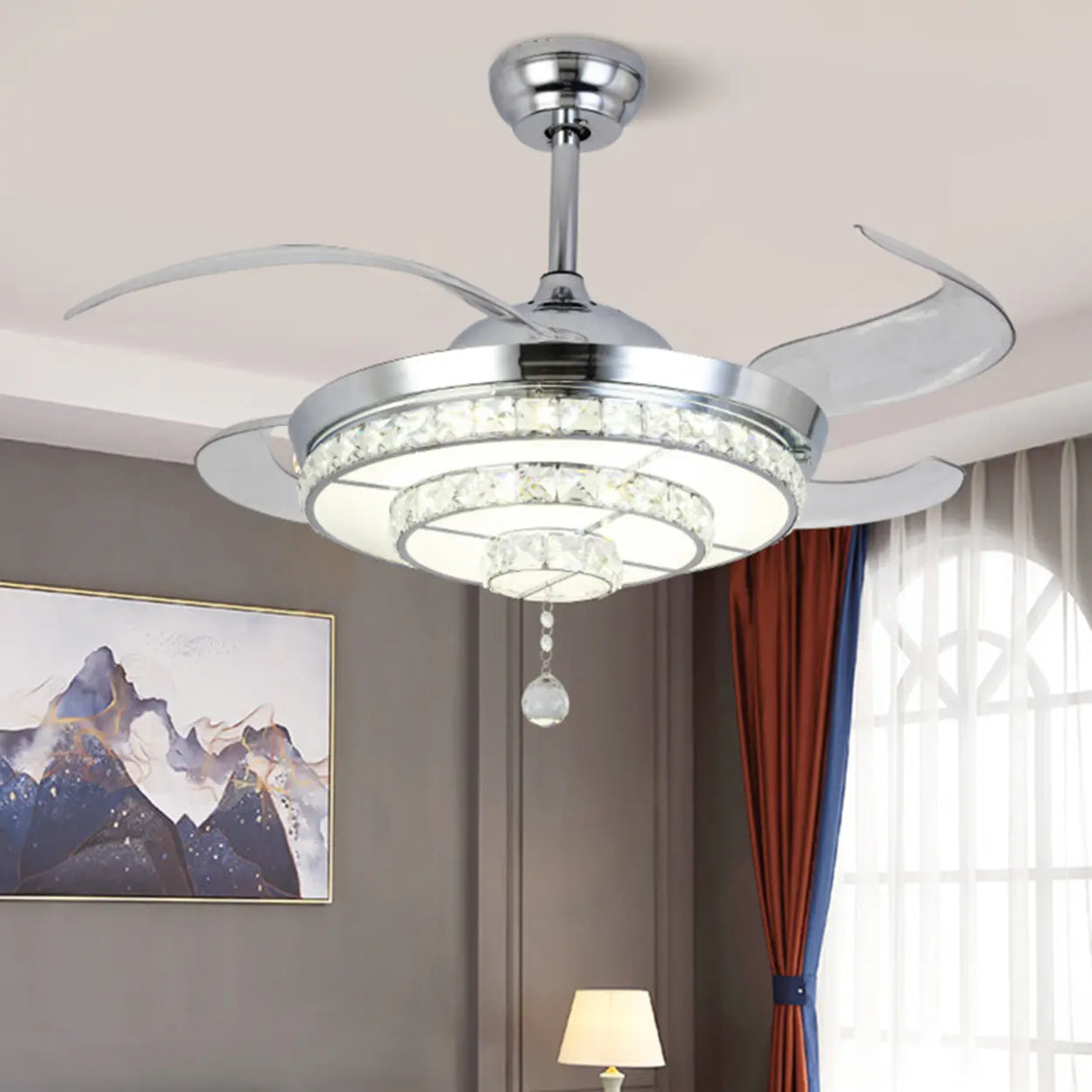 Modern Silver Round Crystal Decor Ceiling Fan Light Image - 1