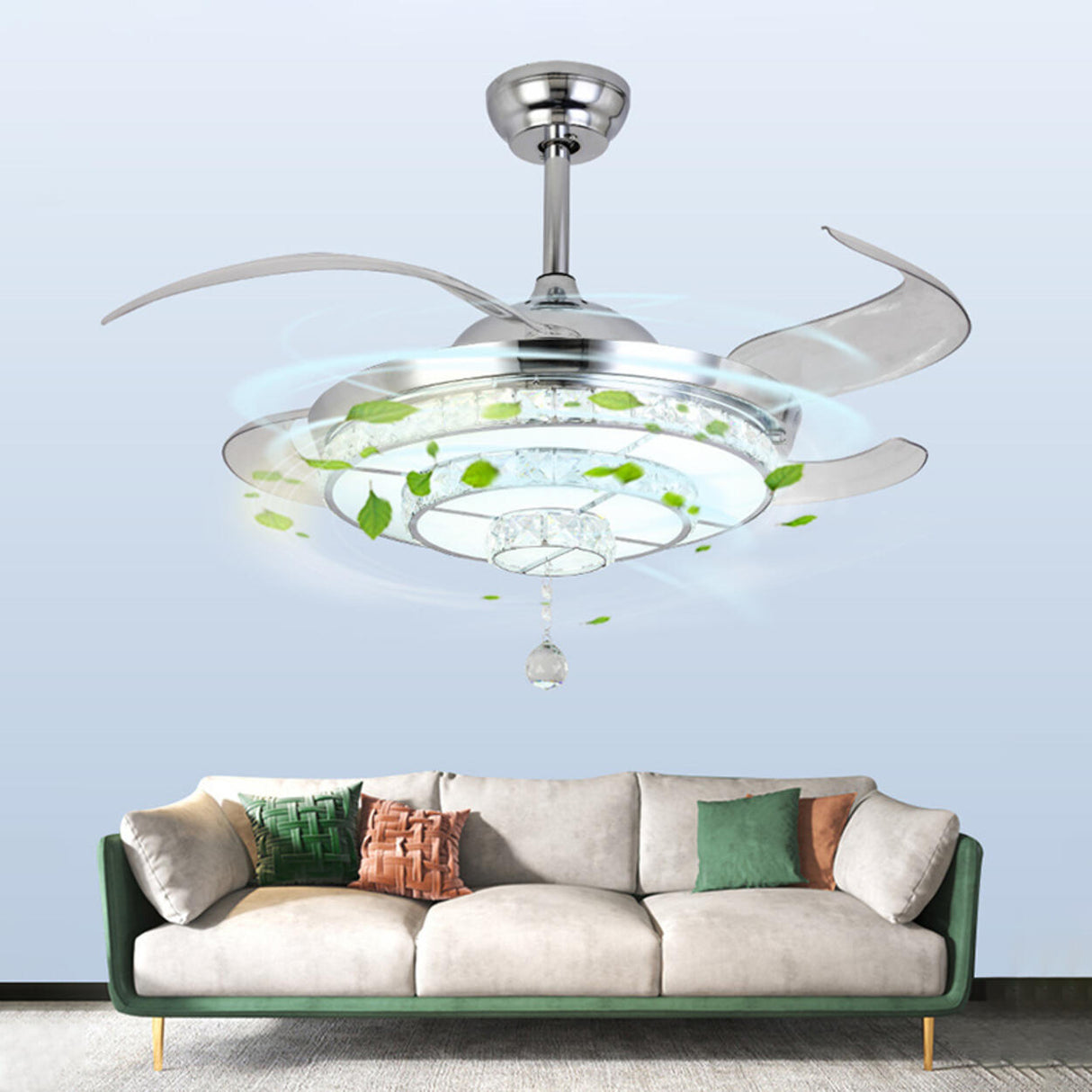 Modern Silver Round Crystal Decor Ceiling Fan Light Image - 14