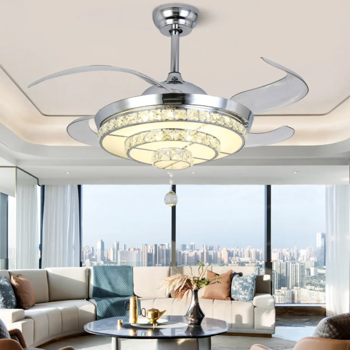 Modern Silver Round Crystal Decor Ceiling Fan Light Image - 2
