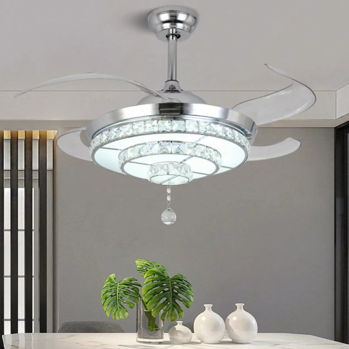 Modern Silver Round Crystal Decor Ceiling Fan Light Image - 3