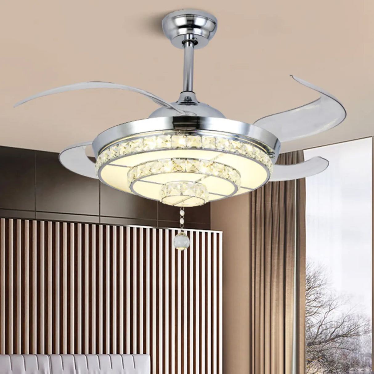 Modern Silver Round Crystal Decor Ceiling Fan Light Image - 4