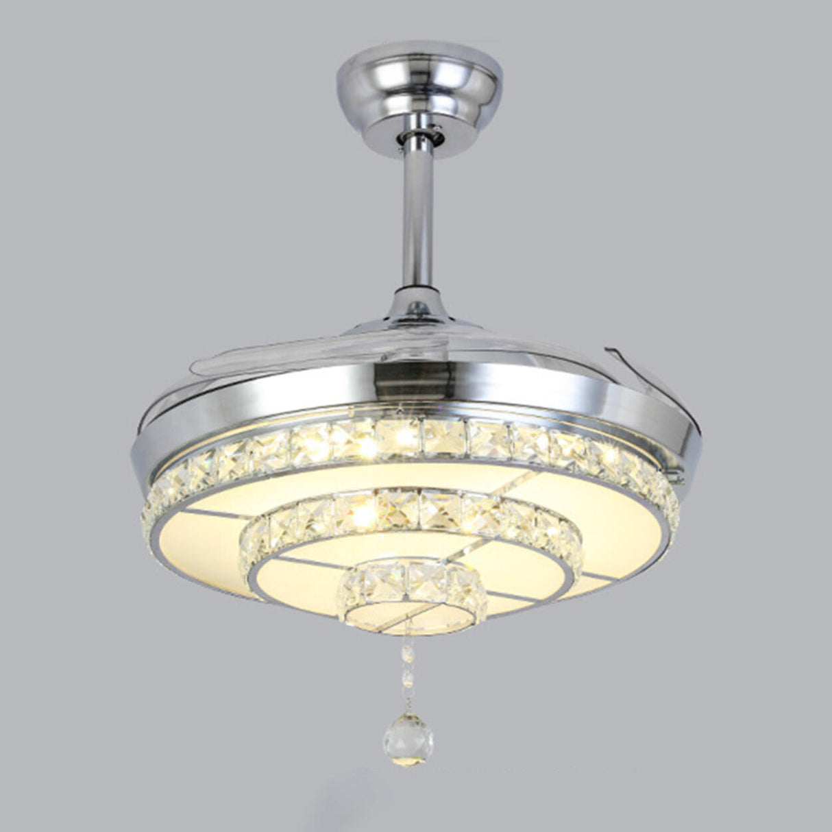 Modern Silver Round Crystal Decor Ceiling Fan Light Image - 6