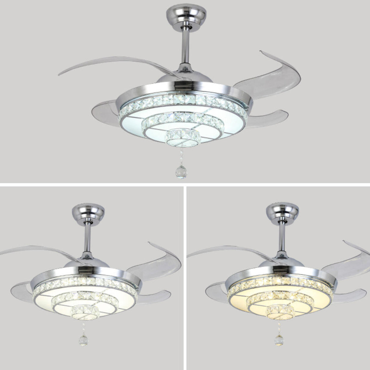 Modern Silver Round Crystal Decor Ceiling Fan Light Image - 8