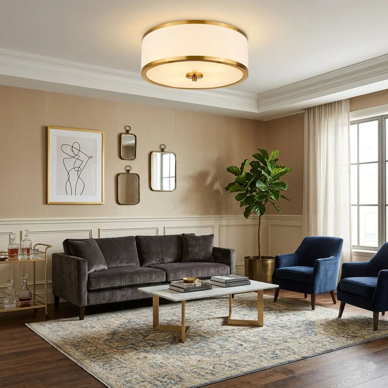 Modern Simple Fabric Drum Flush Mount Ceiling Light Image - 2