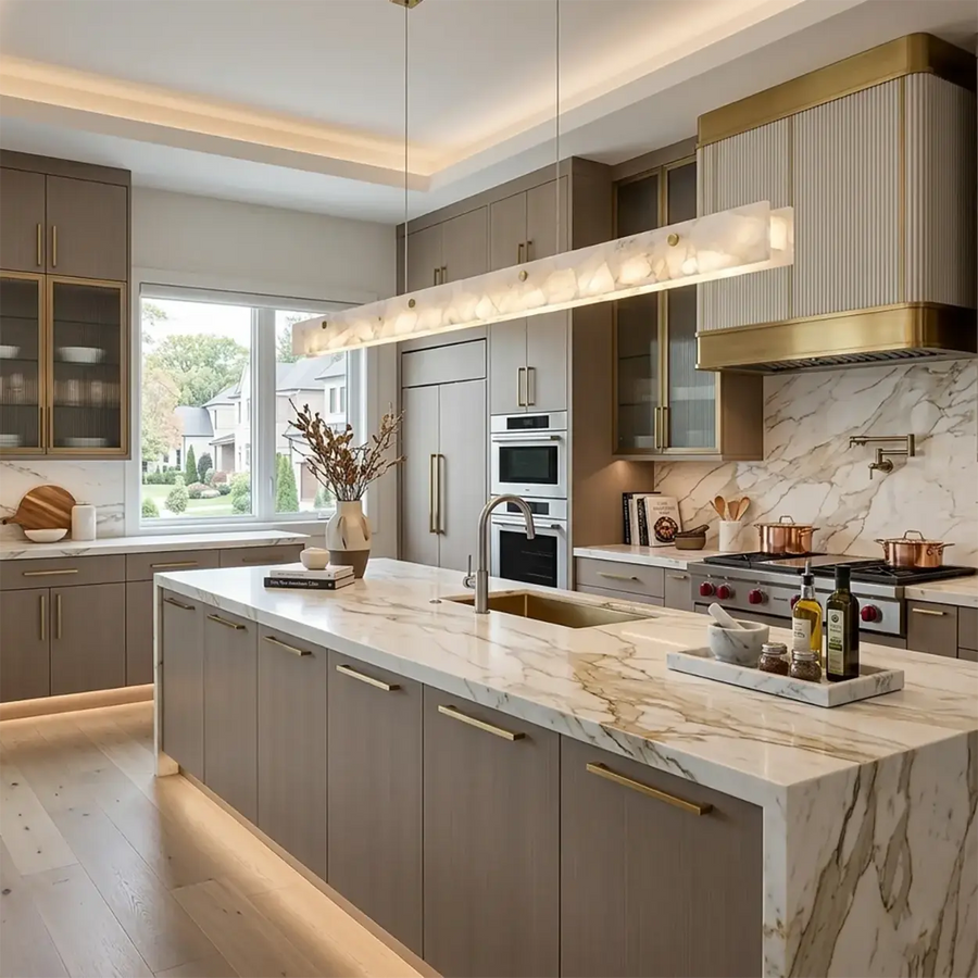 Modern linear pendant light above kitchen island