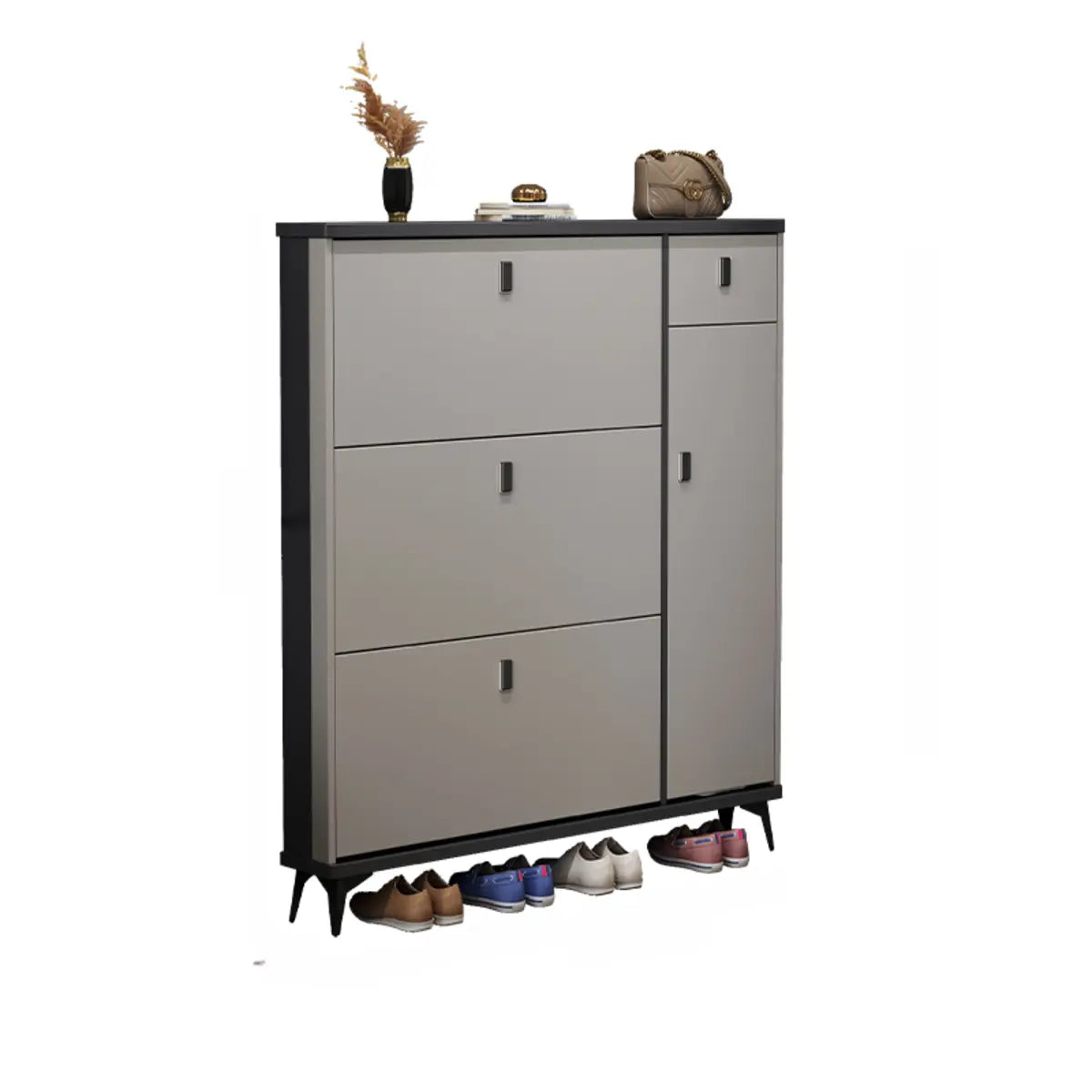 Modern Slim Tall White Wood Entryway Shoe Cabinet 3-Tiers Image - 10