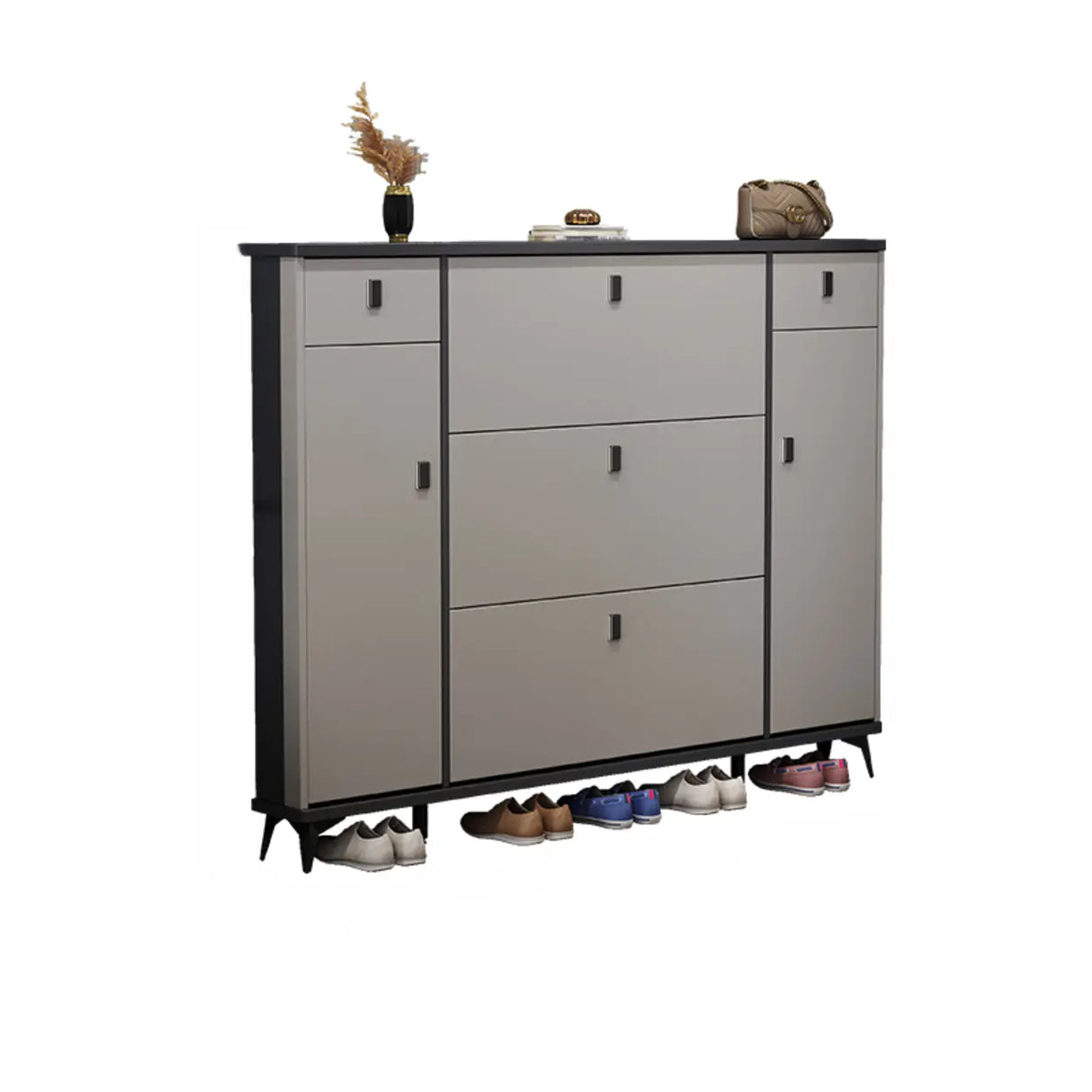 Modern Slim Tall White Wood Entryway Shoe Cabinet 3-Tiers Image - 14