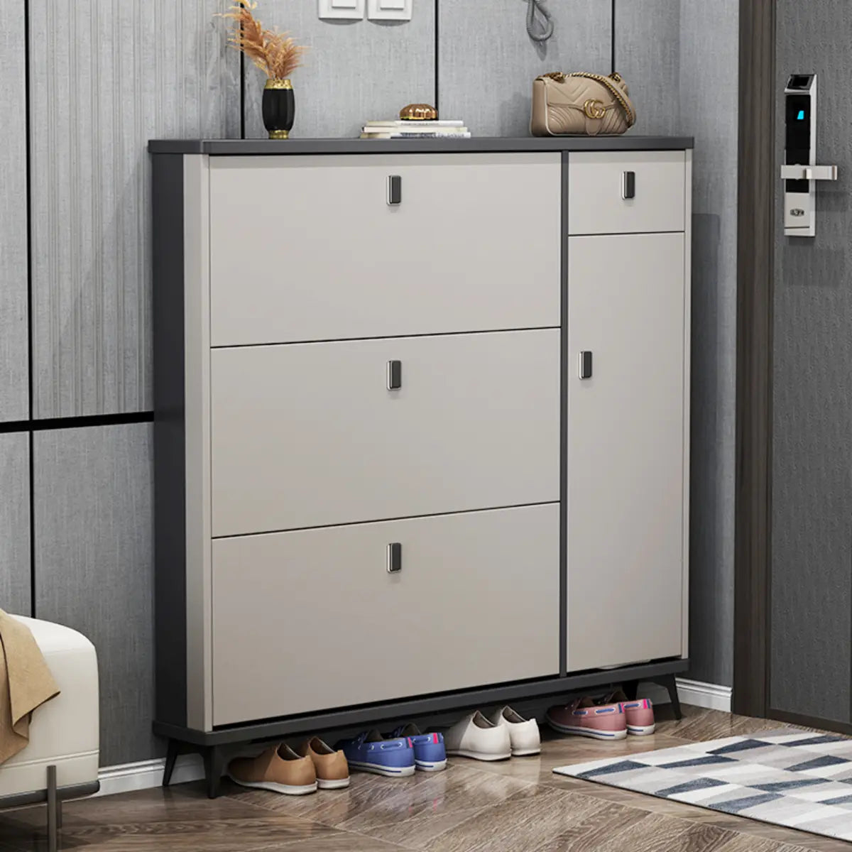 Modern Slim Tall White Wood Entryway Shoe Cabinet 3-Tiers Image - 4