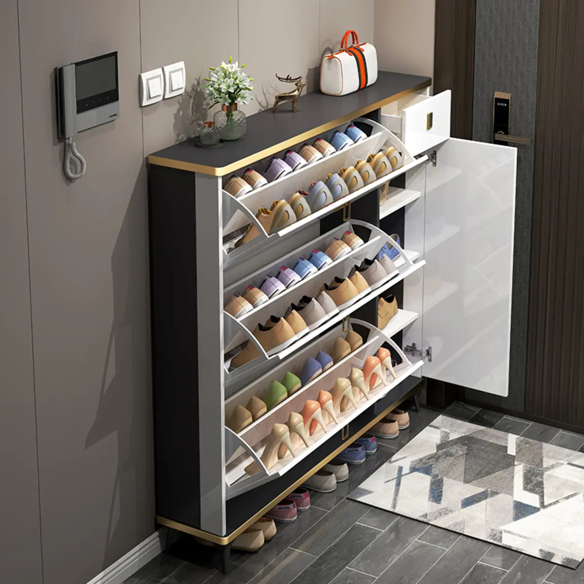 Modern Slim Tall White Wood Entryway Shoe Cabinet 3-Tiers Image - 6