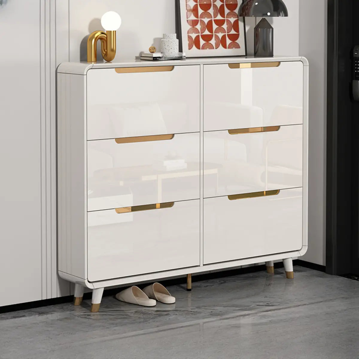 Modern Slim White Wooden Entryway Shoe Storage Cabinet Image - 20