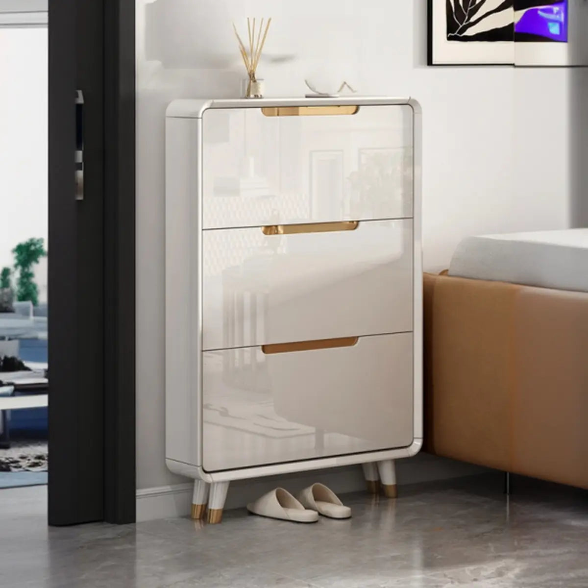 Modern Slim White Wooden Entryway Shoe Storage Cabinet Image - 5