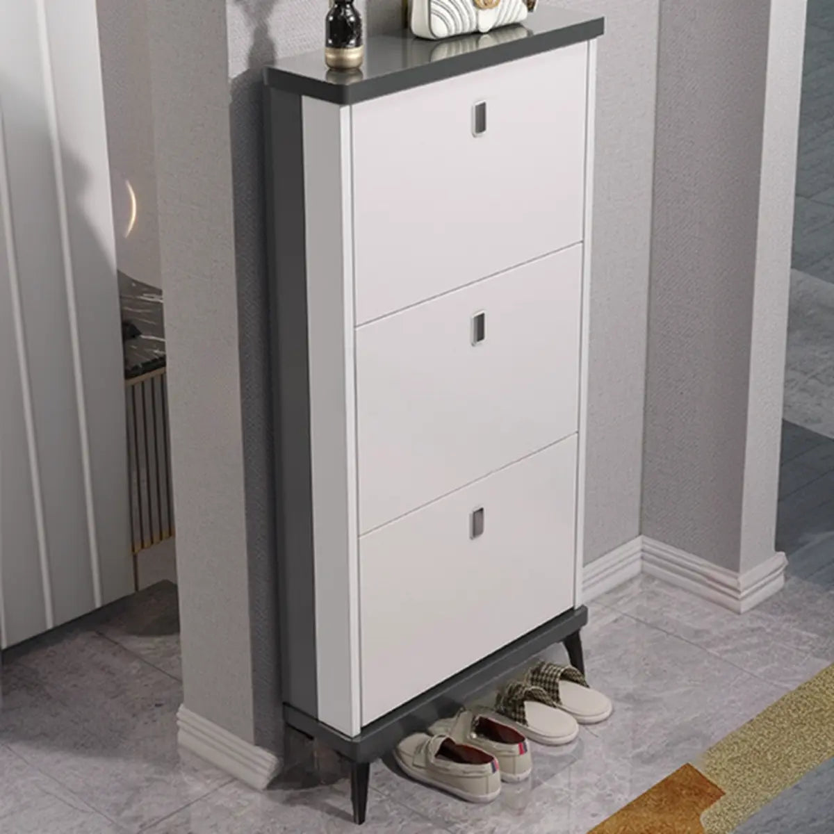 Modern Slim Wood Shoe Cabinet Hallway Gray 3-Tier Storage Image - 22