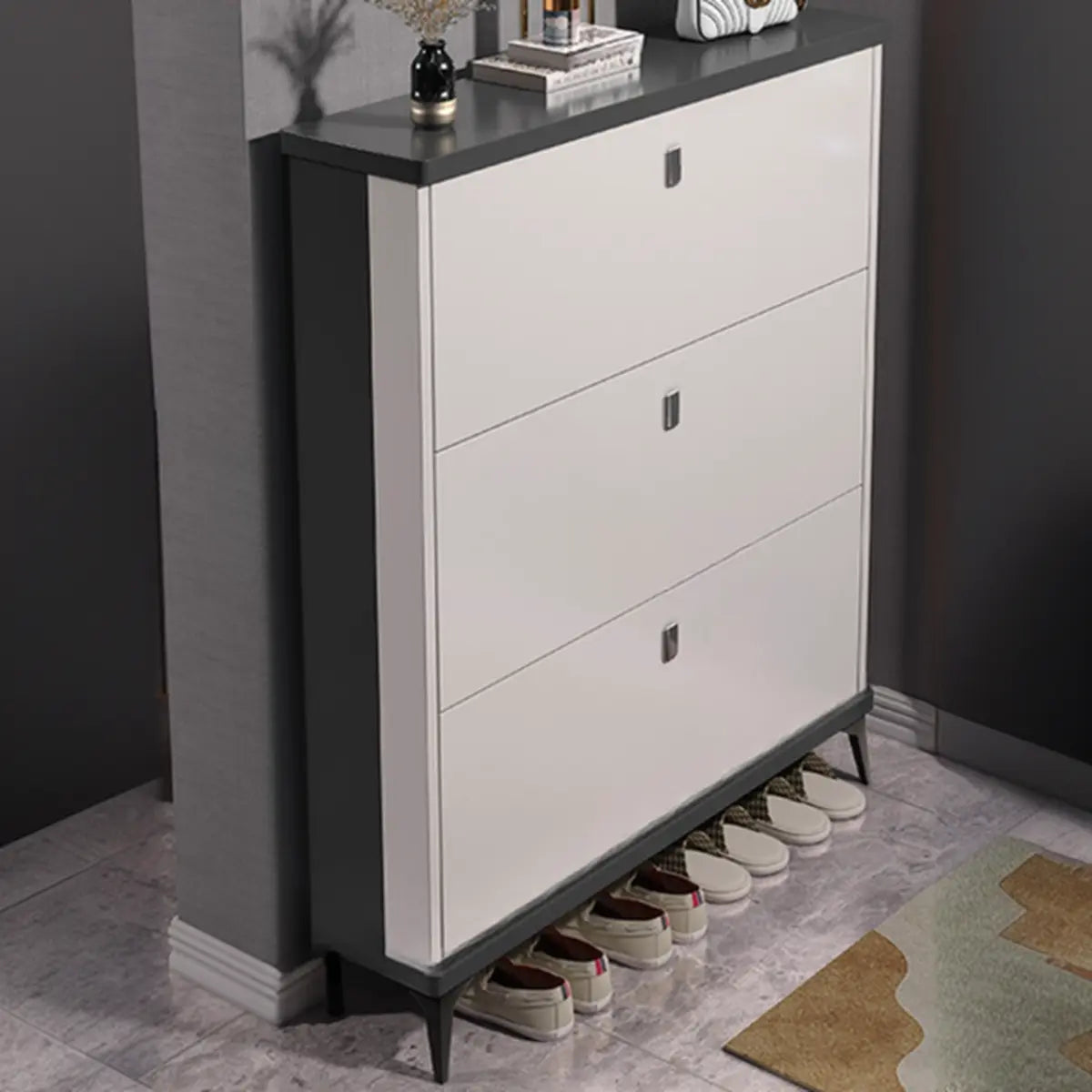 Modern Slim Wood Shoe Cabinet Hallway Gray 3-Tier Storage Image - 4