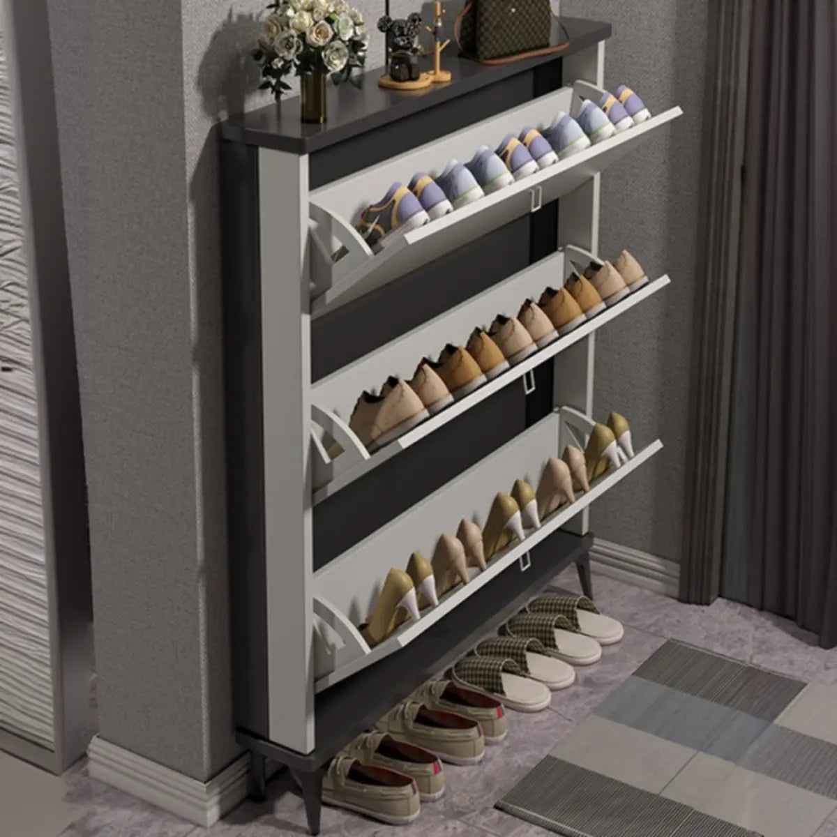 Modern Slim Wood Shoe Cabinet Hallway Gray 3-Tier Storage Image - 5