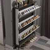 Modern Slim Wood Shoe Cabinet Hallway Gray 3-Tier Storage Image - 5