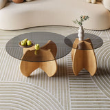Modern Small Round Gray Glass Coffee Table with Wood Base Image - 1