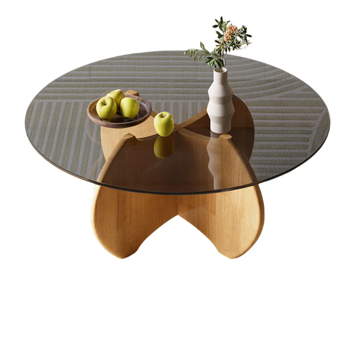 Modern Small Round Gray Glass Coffee Table with Wood Base Image - 11