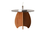 Modern Small Round Gray Glass Coffee Table with Wood Base Image - 12