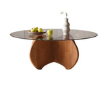 Modern Small Round Gray Glass Coffee Table with Wood Base Image - 13