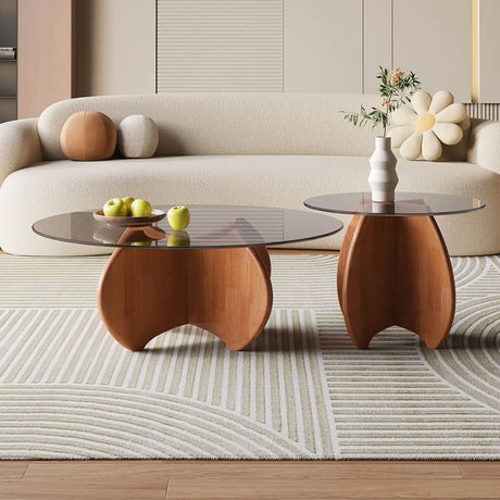 Modern Small Round Gray Glass Coffee Table with Wood Base Image - 4