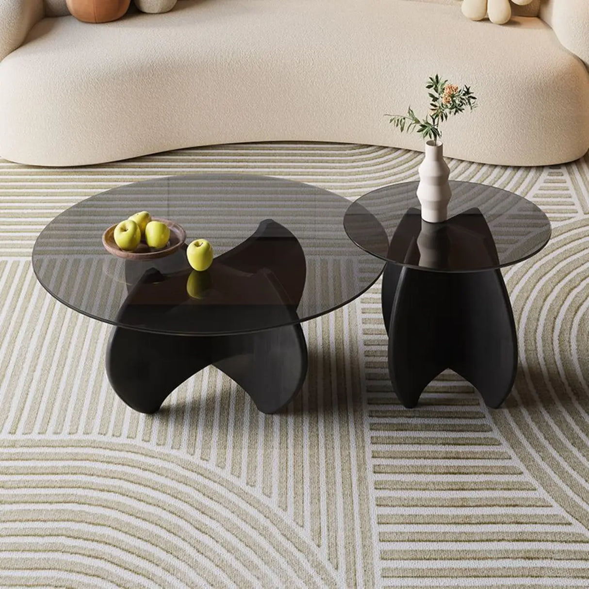 Modern Small Round Gray Glass Coffee Table with Wood Base Image - 6