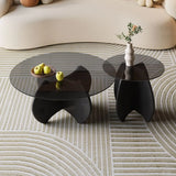 Modern Small Round Gray Glass Coffee Table with Wood Base Image - 6