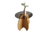 Modern Small Round Gray Glass Coffee Table with Wood Base Image - 9