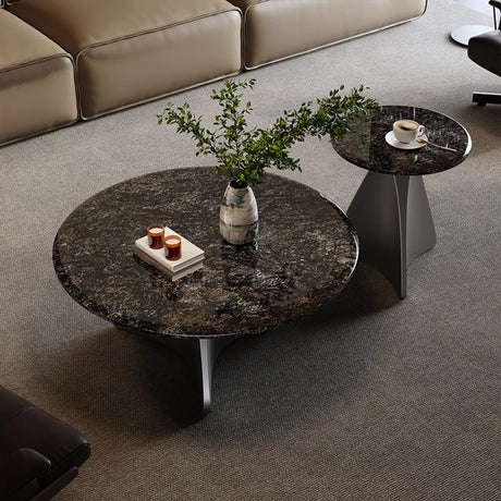 Modern Small Round Polished Stone Stain-Resist Coffee Table Image - 1
