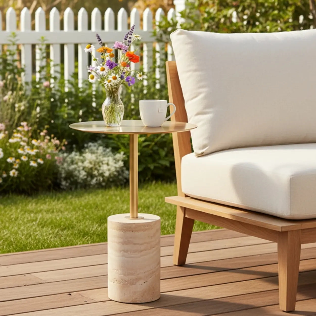 Modern Small Round Travertine Base Outdoor Patio Side Table Image - 1