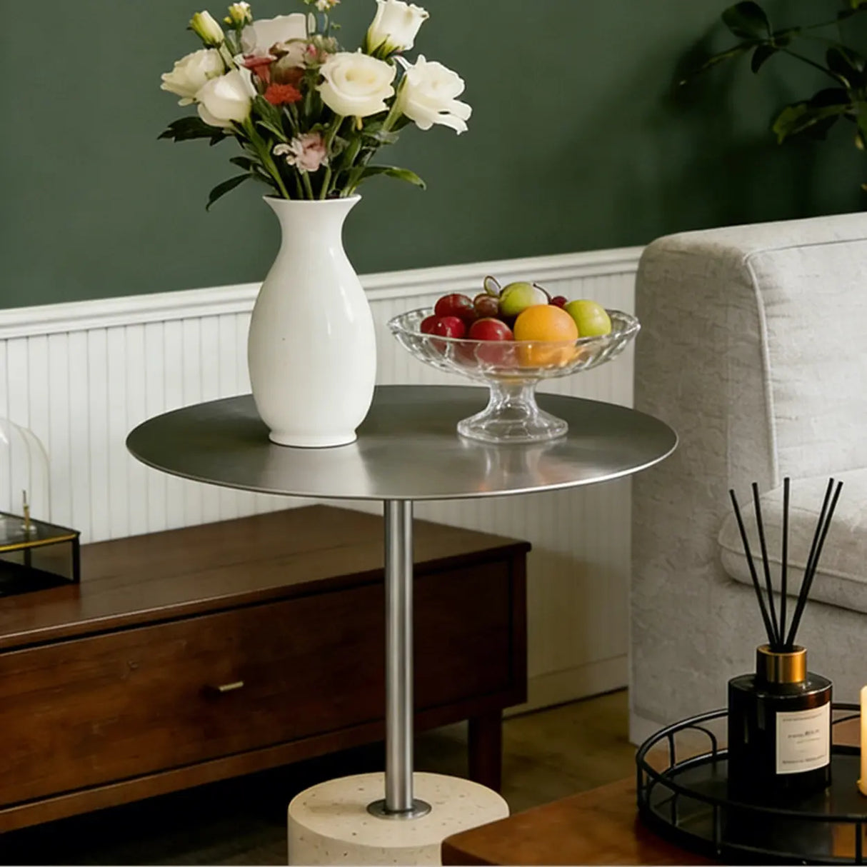 Modern Small Round Travertine Base Outdoor Patio Side Table Image - 4