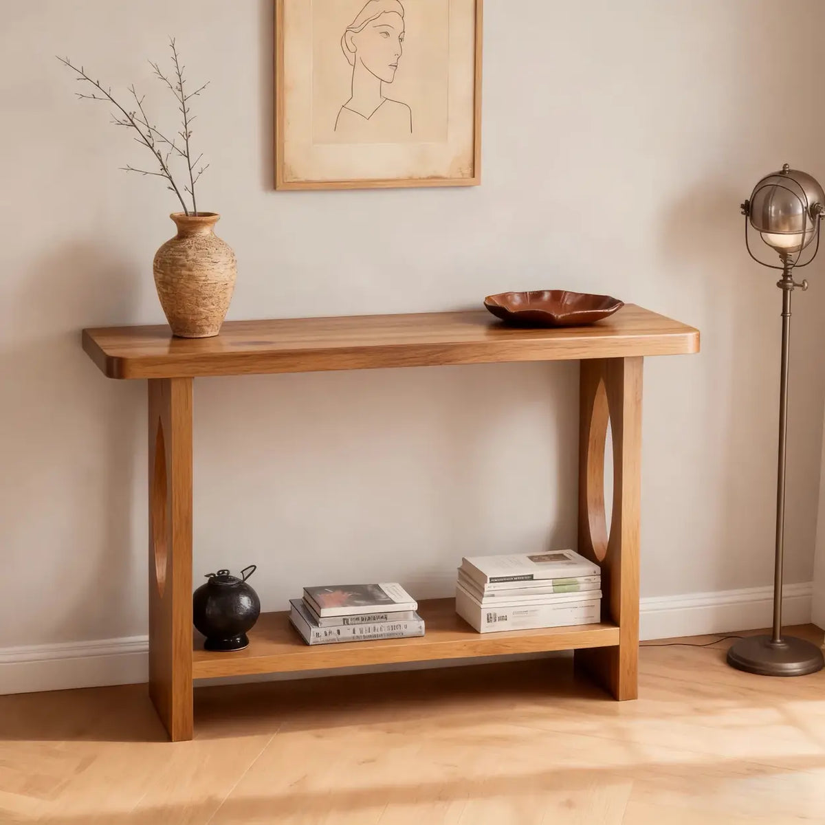 Modern Solid Pine Wood Console Table with Lower Shelf and Oval Cutout Legs Image - 1