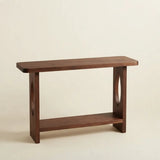 Walnut 31.4"L x 11.8"W x 31.4"H Modern Solid Pine Wood Console Table with Lower Shelf and Oval Cutout Legs Image - 4