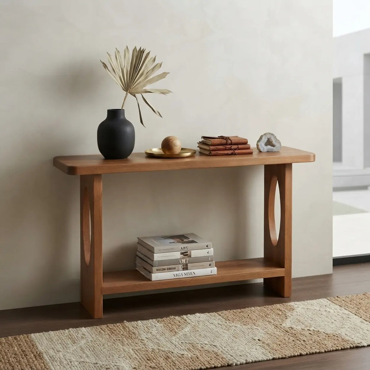 Modern Solid Pine Wood Console Table with Lower Shelf and Oval Cutout Legs Image - 5