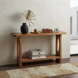 Modern Solid Pine Wood Console Table with Lower Shelf and Oval Cutout Legs Image - 5