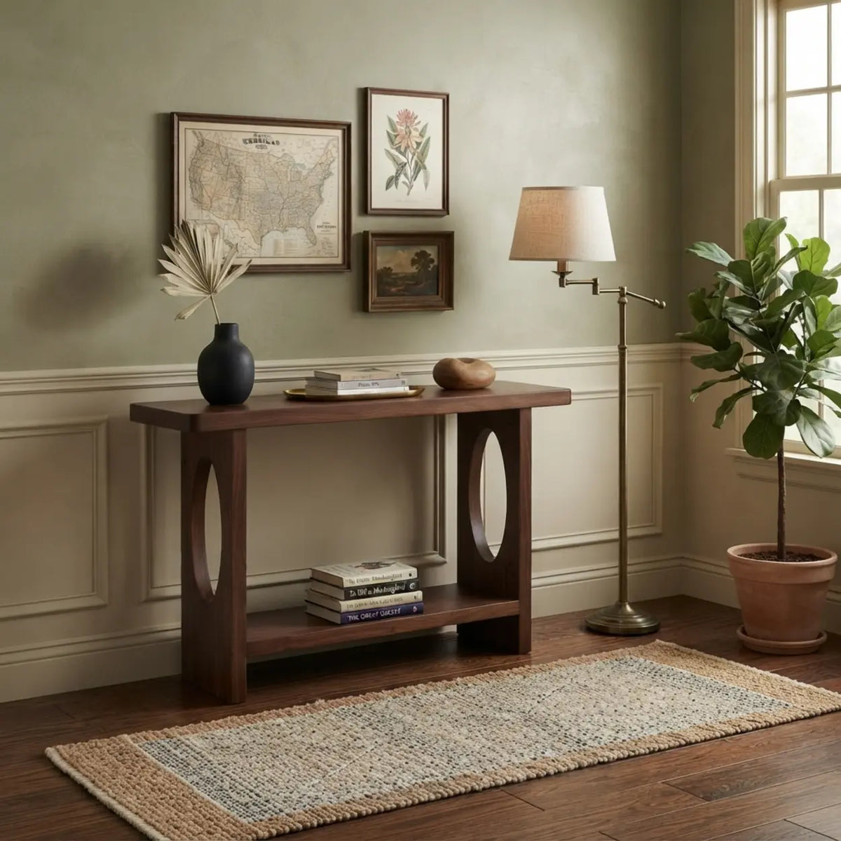 Modern Solid Pine Wood Console Table with Lower Shelf and Oval Cutout Legs Image - 6