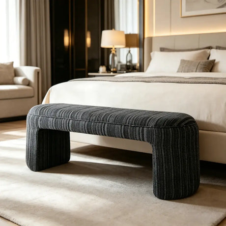 Modern Solid Wood Striped Upholstered Bedroom Accent Bench Image - 1